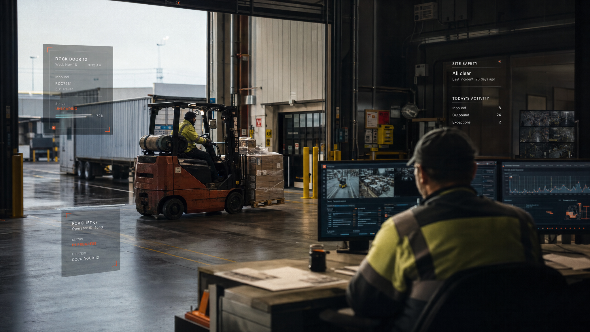 A warehouse loading dock — a forklift and a worker on crossing paths